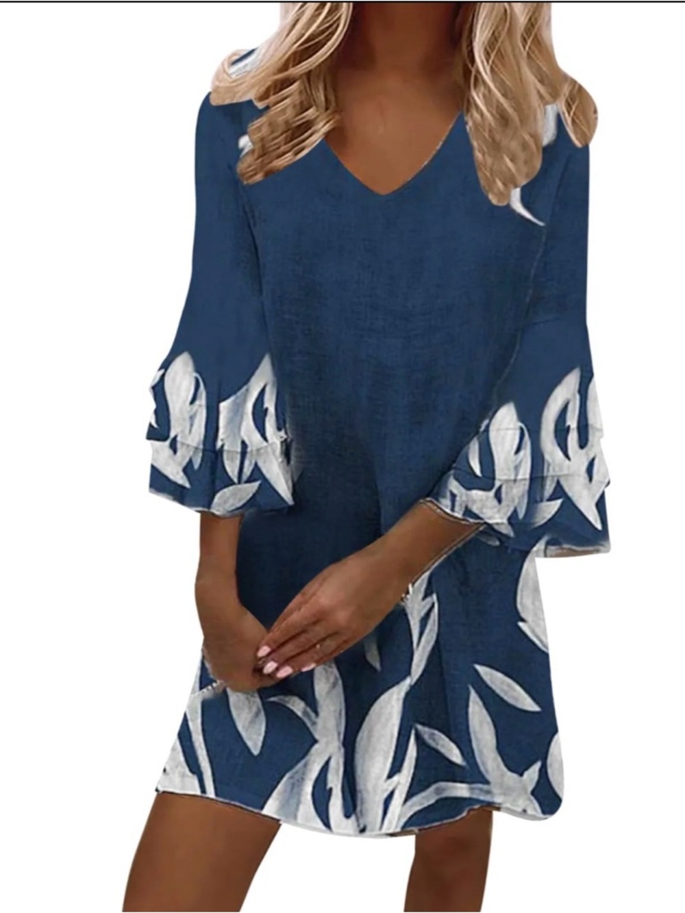 NWT Dress Blue / Cream Floral Ruffle Sleeves V-Neck Lightweight Size L